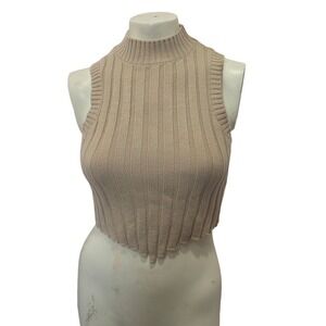 Stitch & Pine Ribbed Mock Neck Sweater Tank Crop Top Beige Women's Small S
